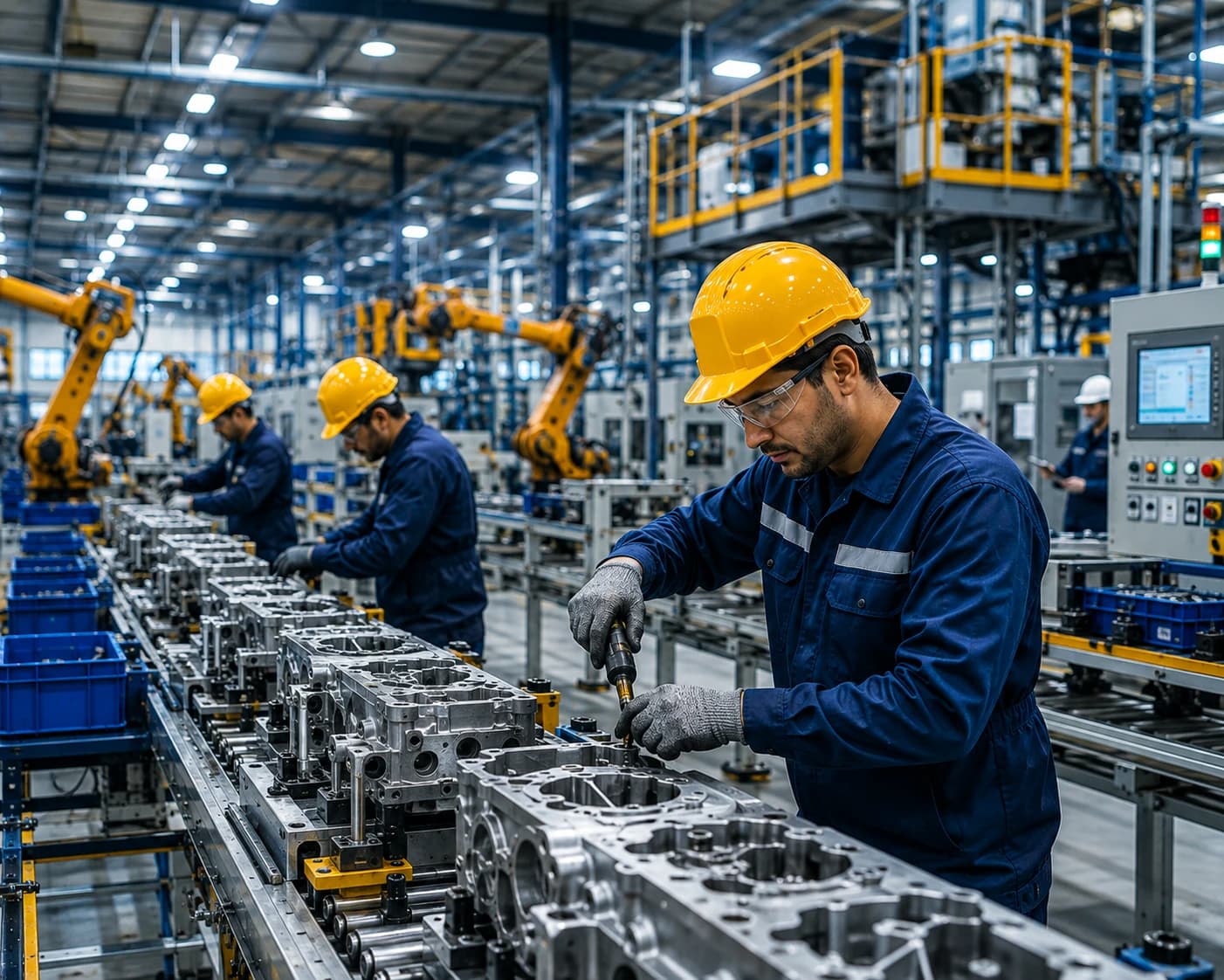 Technicians assembling engine components on an automated production line