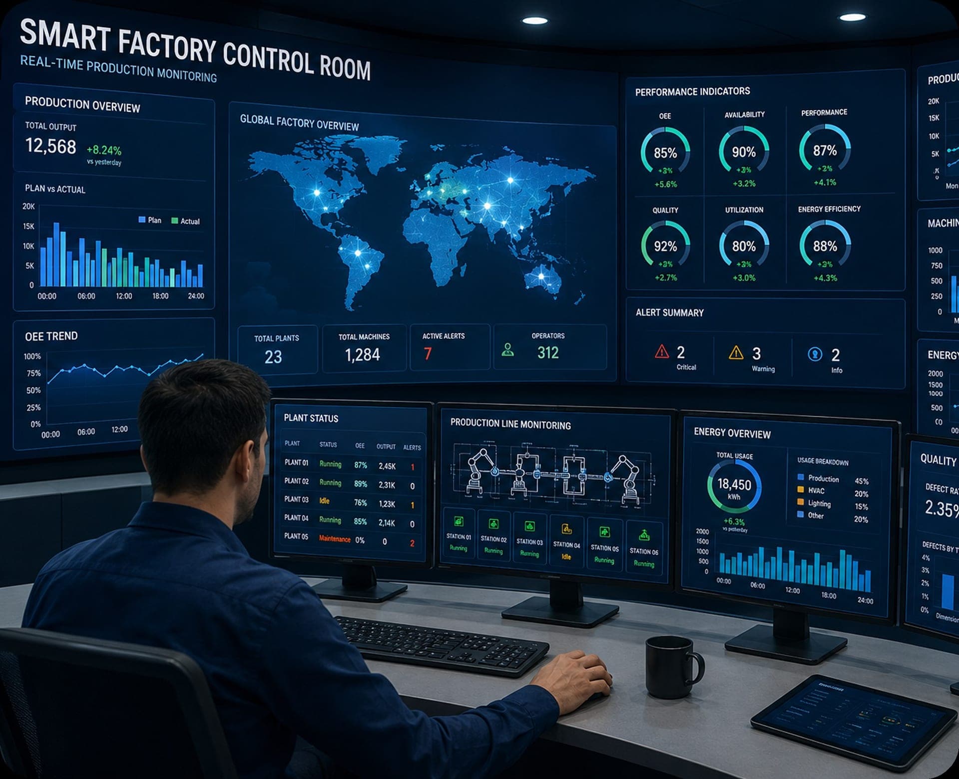 Smart factory control room with real-time production dashboards