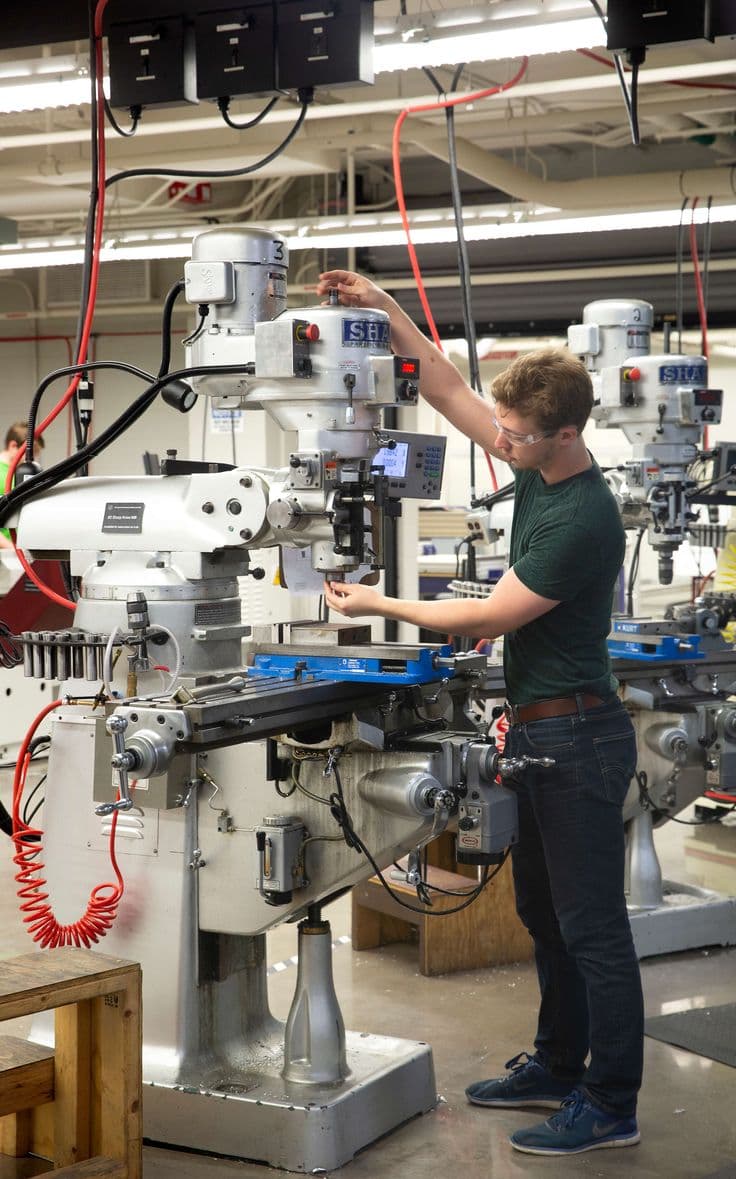 Machinist setting up a milling machine on the shop floor